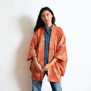 Vintage orange print haori kimono. Open front, fully lined.